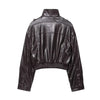 Women's Faux Leather Short Jacket Coat Long Sleeve High Collar Chic Top with Flap Pockets Female Outerwear