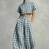 Women's Blue Plaid Two Piece Set Mock Neck Crop Top High Waisted Wide Leg Pants Casual Elegant Outfit