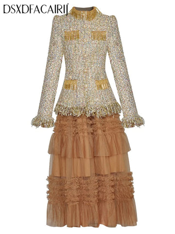 Women's Stand Collar Beaded Tassel Tweed Jacket Elastic Waist Mesh Skirt Two-Piece Set Autumn Collection