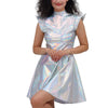 Metallic Women's Shiny Dress Holographic Solid Color Turtleneck Pleated Dress Carnival Costume Gold Silver Rave Dress Outfits