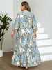 Plus Size Women's Blue-Brown Ethnic Paisley Print V-Neck Half Sleeve Tie Waist Dress