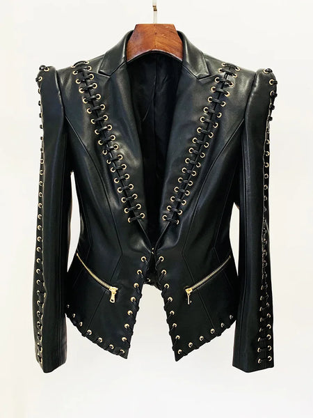 Designer Jacket Women's Rope Lacing Up Slim Fitting Leather Blazer