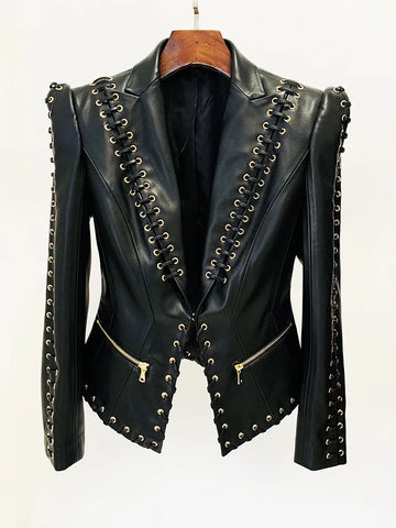 Designer Jacket Women's Rope Lacing Up Slim Fitting Leather Blazer