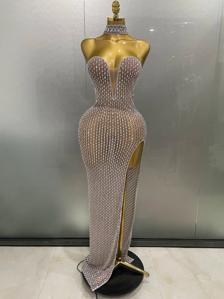 Full Rhinestones Mesh Transparent Long Dress Women Birthday Celebrate Evening Prom Dress Party Club Stage Costume