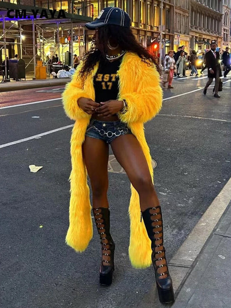 Solid Faux Fur Long Coats Women Full Sleeve Open Stitch Fur Jackets Yellow Winter Warm Streetwear