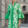 French Style Floral Print Elegant Party Dresses Woman Sexy V Neck Slim A-Line Long Dress Autumn Flare Sleeve Vacation Maxi Dress