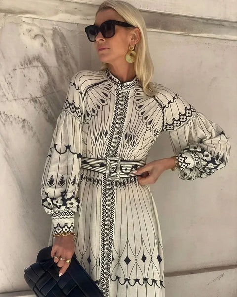 Retro Elegant Stand Collar Long Dress Women Spring Pattern Print Belted Buckle Party Autumn Sleeve A-Line Boho