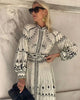 Retro Elegant Stand Collar Long Dress Women Spring Pattern Print Belted Buckle Party Autumn Sleeve A-Line Boho