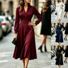 Autumn Women's Notched Work Long Sleeve Maxi Dress Wrap Waist A Line Midi Dress Elegant Long Party Dress Robe Femme