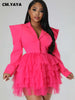 Vintage Women Single Breasted Notched Neck Puff Long Sleeve Mesh Cascading Ruffles Big Swing Blazer Dress Chic Vestidos
