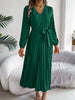 Spring Autumn Elegant Buttons V Neck Lantern Long Sleeve Lace Up Pleated Dress Khaki Blue Red Green Black Women Dresses