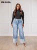 Women Streetwear Straight Washed Denim Patchwork Wide Leg Jeans Pants Spring Ripped Out Party Trousers