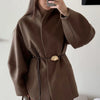 Chic Women's Solid Woolen Coat Elegant Full Sleeves Waist Tie Loose Outfit Autumn Commuting Daily Lady Street Jacket