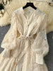 Spring Autumn French Women's Dress Lace Embroidery V-neck Lantern Sleeves Single Breasted Party Birthday Dress C192