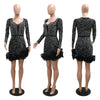 Women Dress Diamonds Splice Ruffles Mini Dresses Square Collar Full Sleeve Slim Fit Sold Evening Party Vestidos Elegant Ladies