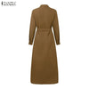 Women Autumn Cargo Maxi Long Dresses Casual Long Sleeve Pockets Belted Collared Shirt Dress Commuting Workwear S-3XL