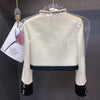 Autumn Women's Blocking Tweed Short Suit Coat V-Neck White Streetwear Elegant Casual Slim Outwear Crop Top
