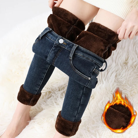 Women's Fleece Warm Winter Jeans Thicken Elastic Skinny Pencil Pants Korean Slim Plush Thermal Leggings Trousers