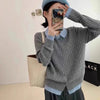 Polo Collar Knitt Sweater Women Design Feeling False Two Piece Blouse Cardigan Autumn Winter Versatile Knitt Coat Female