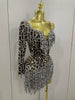 Sparkle Diamond Tassel One Shoulder Leopard Print Stretch Mini Dress Women Birthday Party Sexy Nightclub Stage Costume