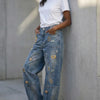 Chic Y2K Style Metal Decoration Washed Blue Women's Stacked Jeans Pants For Woman Clothing Wide Leg Vintage Denim Trouserso