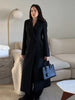 V-Neck Longline Tailored Double-Breasted Blazer Coat Black Peak Lapel Welt Pockets Autumn Elegant Office Women Outerwear