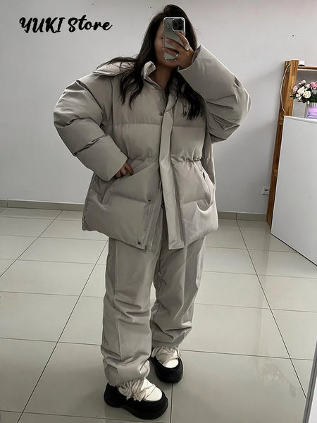 Drawstring Women's Winter Padded Jacket Pant Suits Hooded Full Sleeve Warm Jackets Pants Thicken Casual Lady Outfit