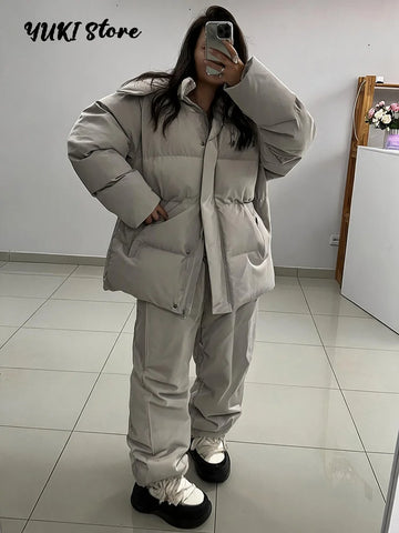 Drawstring Women's Winter Padded Jacket Pant Suits Hooded Full Sleeve Warm Jackets Pants Thicken Casual Lady Outfit