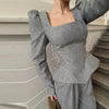 Elegant Woolen Top Pants Women Set Urban Long Sleeve Slash Neck Pleated Blouse Straight Trousers Autumn Winter Lady Suit