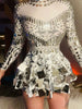Women Sparkly Sequins Mirror Long Sleeve Mesh Sexy Mini Dress Night Party Club Dancer Performance Celebrity Stage Outfit