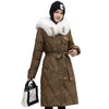 White Fur Collar Down Cotton Parkas Padded Coat Women Winter Long Over The Knee Waist Warm Thick Parkas Coat