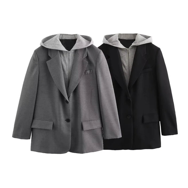 European and American style girl retro autumn women's hooded suit jacket female fake two-piece versatile
