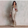 Elegant Slit Sequin Dress Women Autumn Winter Long Sleeve V-neck Loose Maxi Party Dresses Casual