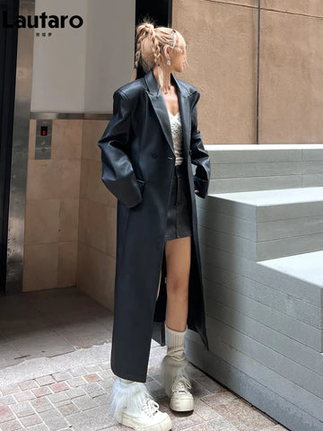 Spring Autumn Extra Long Black Loose Pu Leather Trench Coat for Women Shoulder Pads Double Breasted Faux Leather Blazer