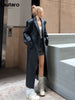 Spring Autumn Extra Long Black Loose Pu Leather Trench Coat for Women Shoulder Pads Double Breasted Faux Leather Blazer