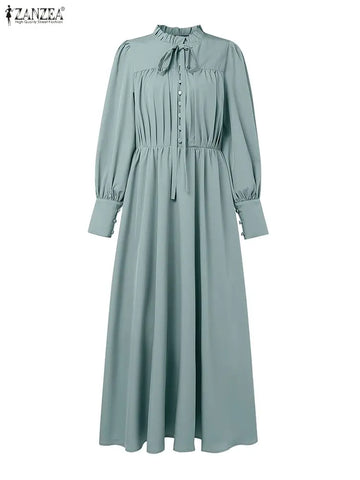 Women Maxi Dresses Elegant Modest Ruffled Collar Tied Waist Long Sleeve Long Dress Muslim Hijabs Abaya Robes S-3XL