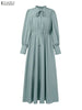 Women Maxi Dresses Elegant Modest Ruffled Collar Tied Waist Long Sleeve Long Dress Muslim Hijabs Abaya Robes S-3XL