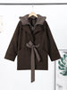 Dark Brown Hooded Hybrid Belted Jacket Oversize Long-Sleeve Spring Elegant Women Outerwear Office Casual Overcoat