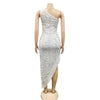 Women Tassel Side Sequins One Shoulder Skew Neck Bodycon Midi Maix Irregular High Low Long Dress Sexy Night Party