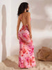 Women's Deep Draped Neck Backless Vacation Floral Print Maxi Knit Dress Elegant Party Dresses