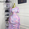 Women Tie Dye Printed Skew Neck Ruched Stacked Bodycon Midi Maxi Long Dress Vacation Holiday Sexy Vestidos Dresses