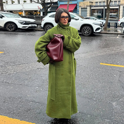Women's High Stand Collar Double Breasted Woolen Overcoat Belted Waist Maxi Long Cuff Strap Loose Solid Coat Winter Urban Coats