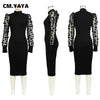 Elegant Women Floral Applique Mesh Long Sleeve Knit Ribbed Sweater Dress Autumn Winter Bodycon Dresses Vestidos