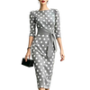 Women Polka Dot Bodycon Midi Dress 3/4 Puff Sleeve Boat Neck Contrast White Tie Waist Slim Pencil Formal Wedding Guest Dresses