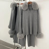 Sweater Real Fox Fur Collar Autumn Winter Clothing Women Sweater Suit Female Raccoon Fur Pullovers Trousers Set Lady