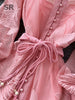 Women Elegant Floral Emboridery Dress Hollow Out Long Sleeve Single Breasted Belt French Court Chic Short A Line Dress