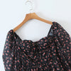 Women Sexy Cross Bandage Black Flower Print Puff Long Sleeve Dress 3 Layer Wood Ears Ruffles Hem Cake Mini Holiday Robe
