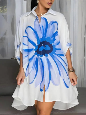 Women's Floral Printed Evening Midi Dresses Half Sleeves Oversized Buttoned Casual Going Out Lapel Shirt Dress