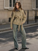 Women Cropped Trench Coat Faux Leather Spliced Epaulets Belted Waist Loose Fit Khaki Short Jacket Vintage Ladies Outerwear