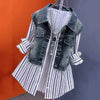 Fake Two Denim Shirts Women Spring Autumn Korean Joker Striped Denim Shirt Ladies Top Casual Jean Coat Female